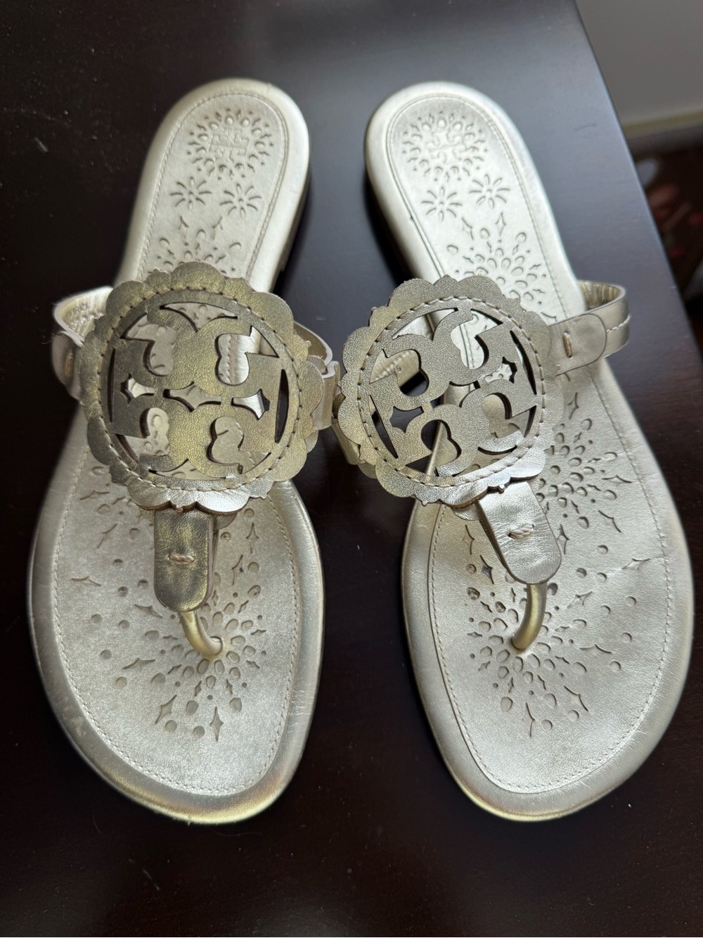 Tory Burch miller Gold Floral Cutout Toe-Post Sandals - Women